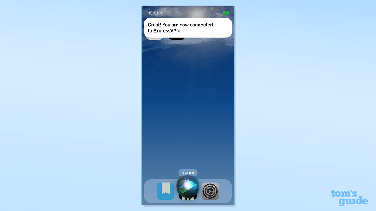 Screenshot of Siri connecting an iPhone user to ExpressVPN. A Siri response is located at the top of the screen and reads &quot;Great! You are now connected to ExpressVPN&quot;