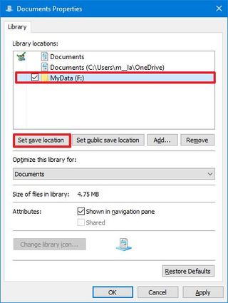 Select default save location for library