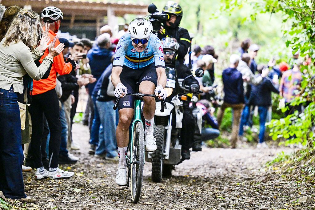 Belgian Florian Vermeersch pictured in action during the men elite race at the UCI World Gravel Championships, Sunday 12 October 2025, in Maastricht, The Netherlands. BELGA PHOTO DIRK WAEM (Photo by DIRK WAEM / BELGA MAG / Belga via AFP)