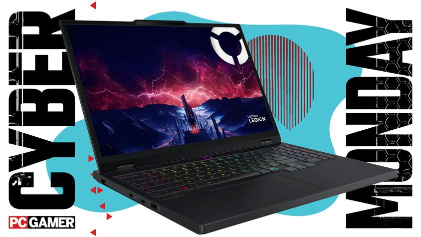 A Lenovo laptop on a blue Cyber Monday background