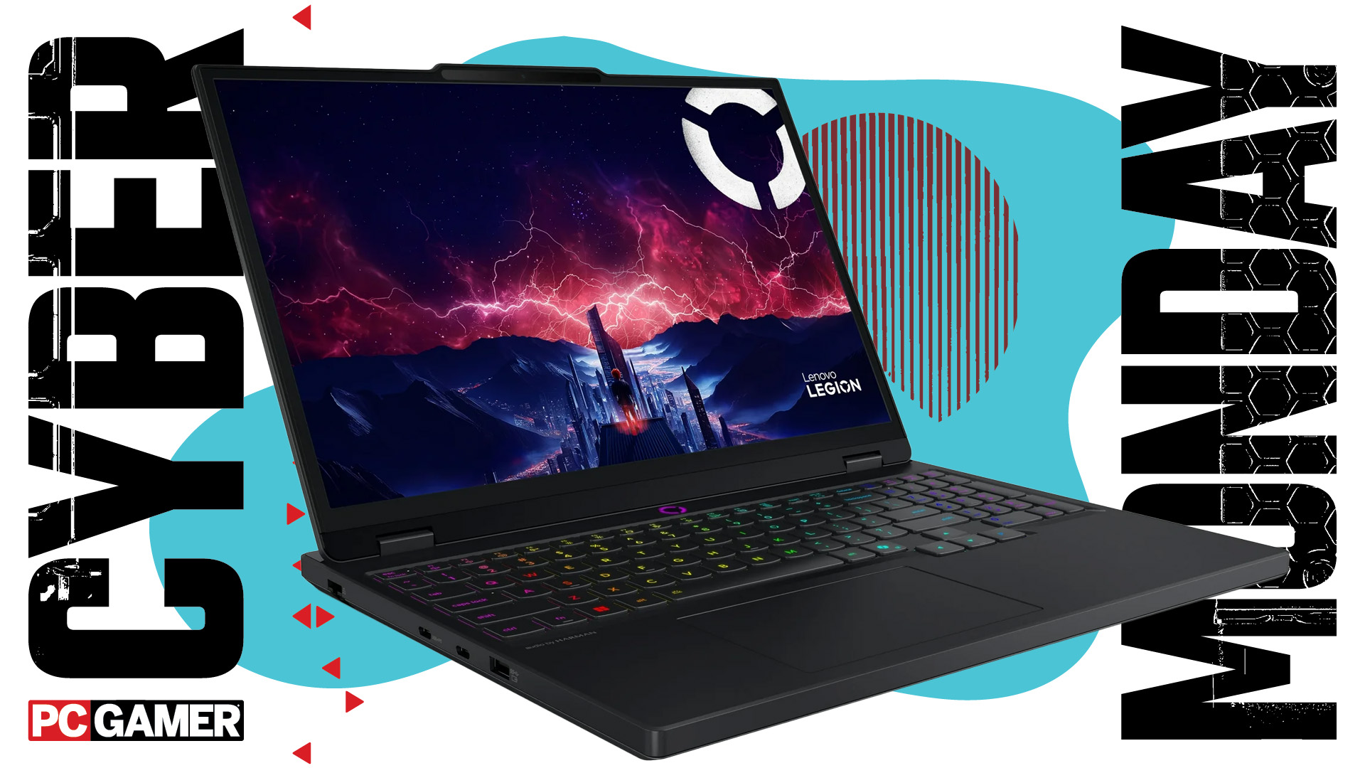 A Lenovo laptop on a blue Cyber Monday background