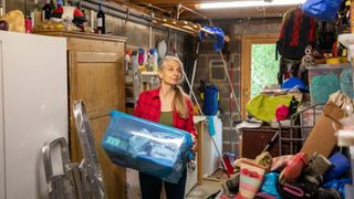 A woman in a garage