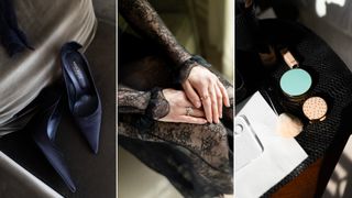 a triptych of three getting ready images from Peyton List's Paris fashion week including her shoes, lace sleeves, and makeup