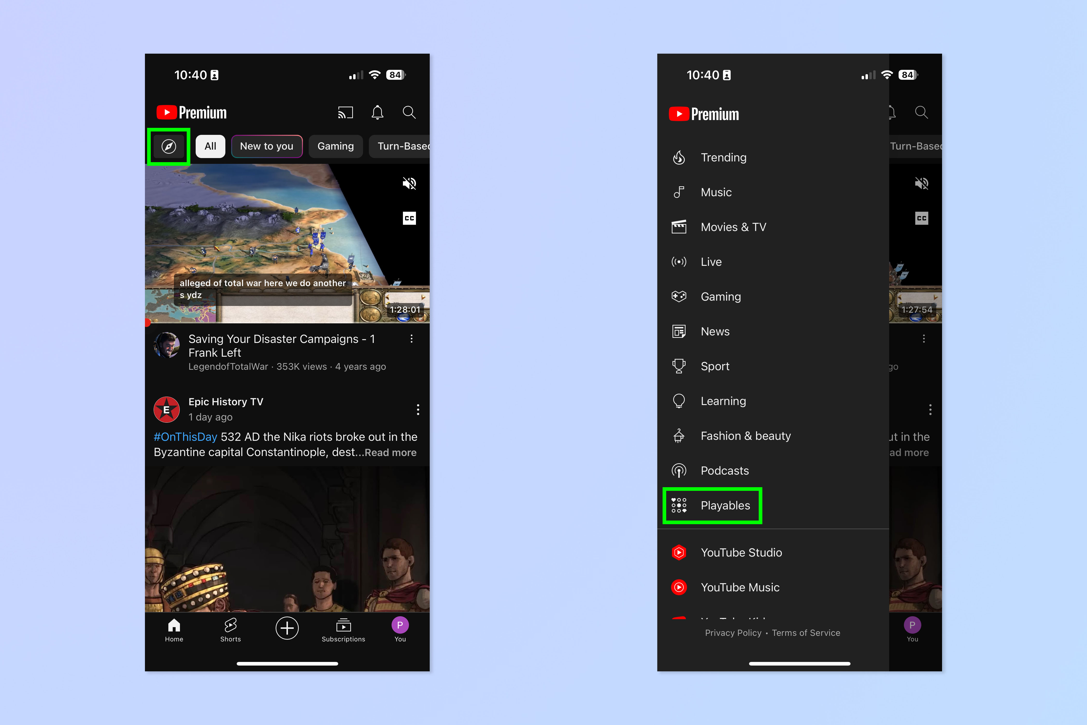 A screenshot showing how to play games on YouTube mobile app