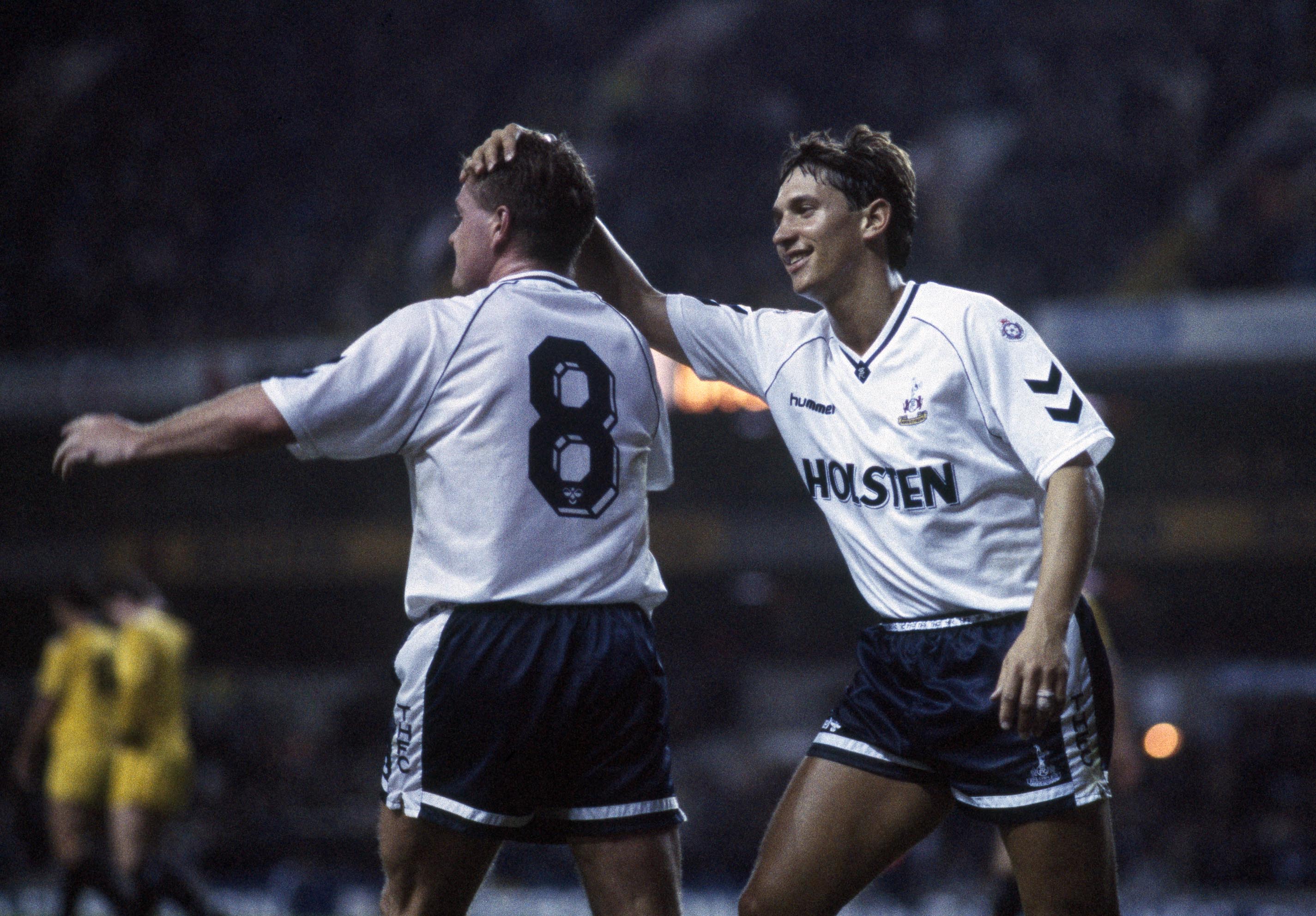 Gary Lineker congratulates Paul Gascoigne after a Tottenham goal against Hartlepool in 1990.