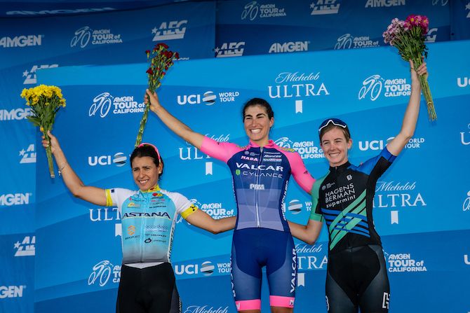 The stage 3 podium at the 2019 Tour of California Women's Race: winner Elisa Balsamo (Valcar-Cylance Cycling), Astana's Arlenis Sierra and Leigh Ann Ganzar (Hagens Berman-Supermint)