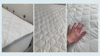 three images of the M&S Fresh & Cool Mattress Protector being tested by Linda, our expert