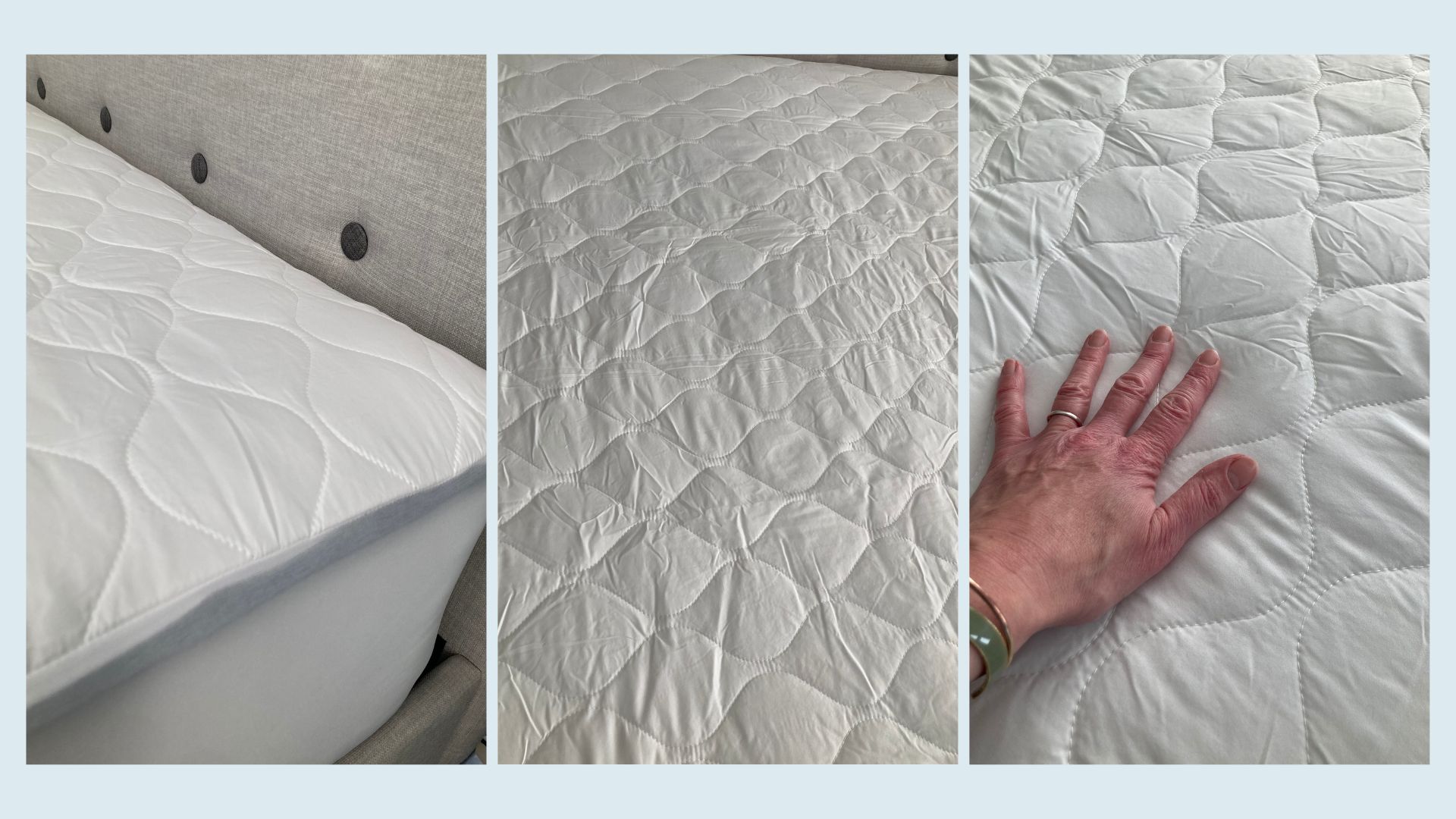 three images of the M&amp;S Fresh &amp; Cool Mattress Protector being tested by Linda, our expert
