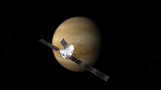 Artist's impression of the Mercury-bound spacecraft BepiColombo during a flyby at Venus.