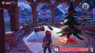 Palia - a player stands near a winterlights tree looking at a winterlights chest tucked in a snow pile