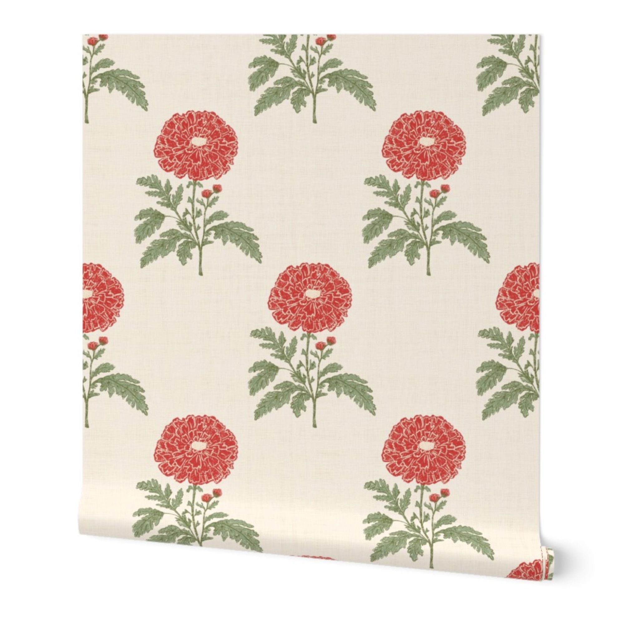 White wallpaper with red marigold design