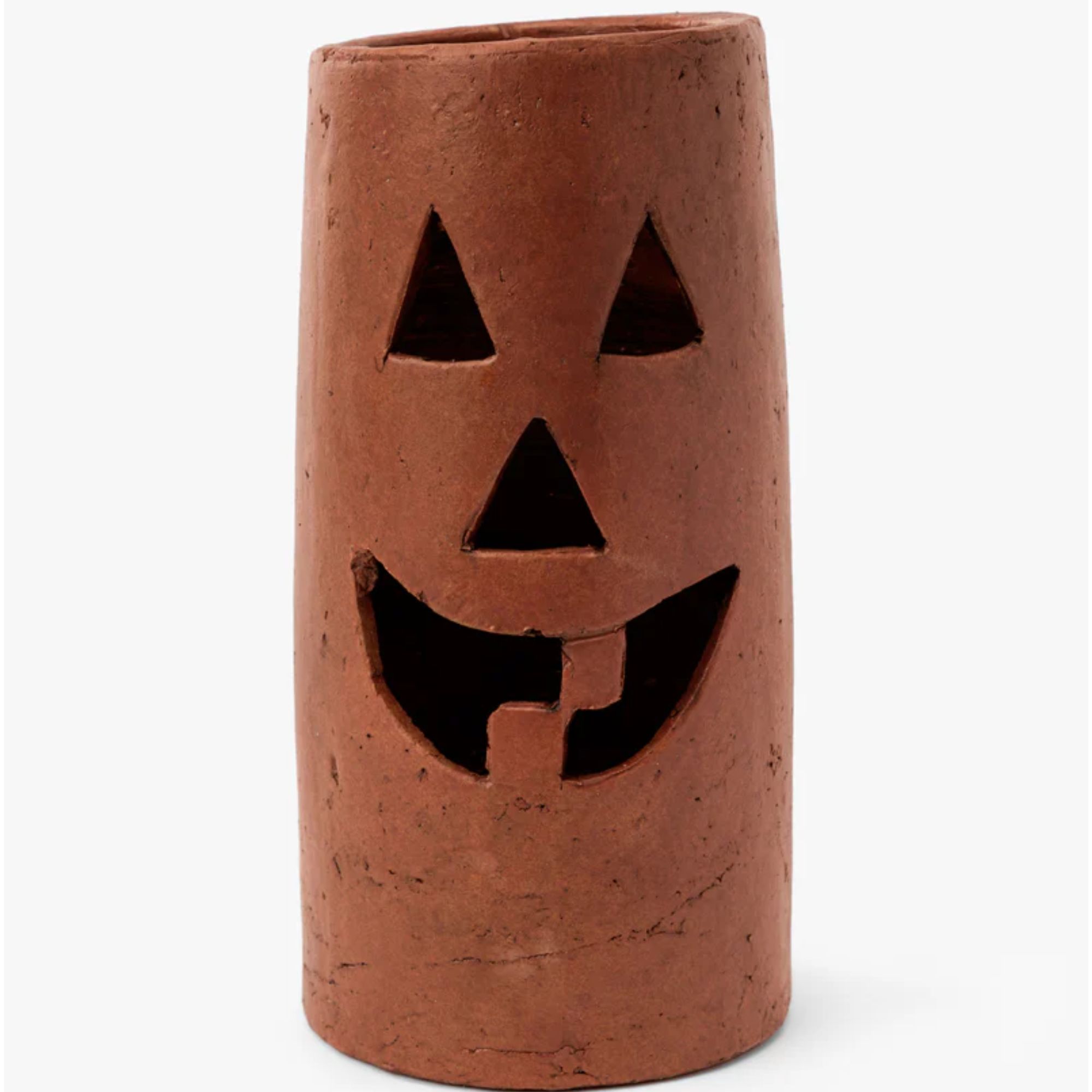 Orange terracotta hurricane jar with jack-o-lantern design