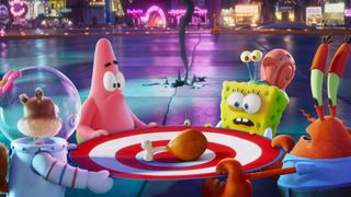 Sandy, Patrick, SpongeBob, Gary, and Mr. Krabs in 'The SpongeBob Movie: Sponge On The Run'.