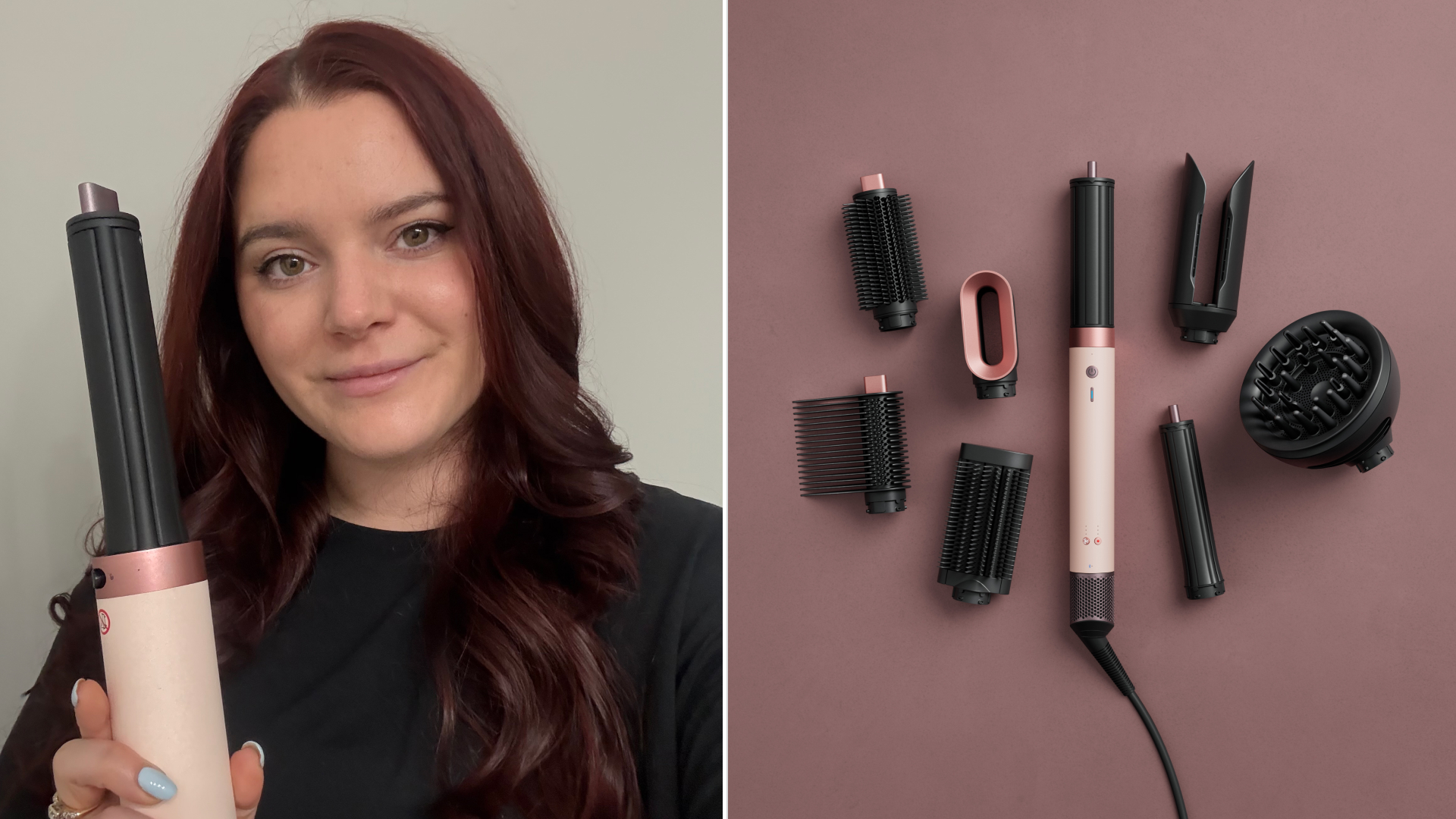 split image of Brooke knappenberger holding up dyson airwrap with Dyson airwrap coanda 2x and attachments on pink gradient background