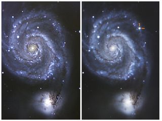 The Whirlpool galaxy (M51) before (left) and after (right) the eruption of supernova SN 2011dh in May 2011. The image on the left was taken in 2009, and on the right July 8th, 2011.