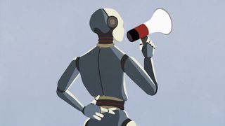 A simple illustration of a robot holding a megaphone