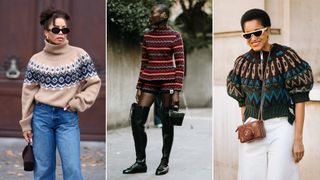 Three fashion Week guests wearing Fair Isle sweaters