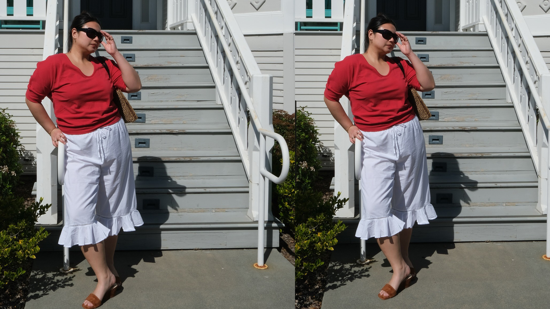 Marina wears red t-shirt, white long bloomers, wedges, and brown raffia bag. 