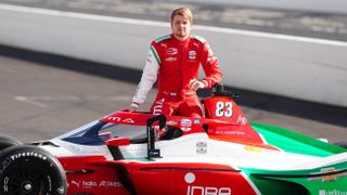 Robert Shwartzman celebrates his pole in the Indy 500