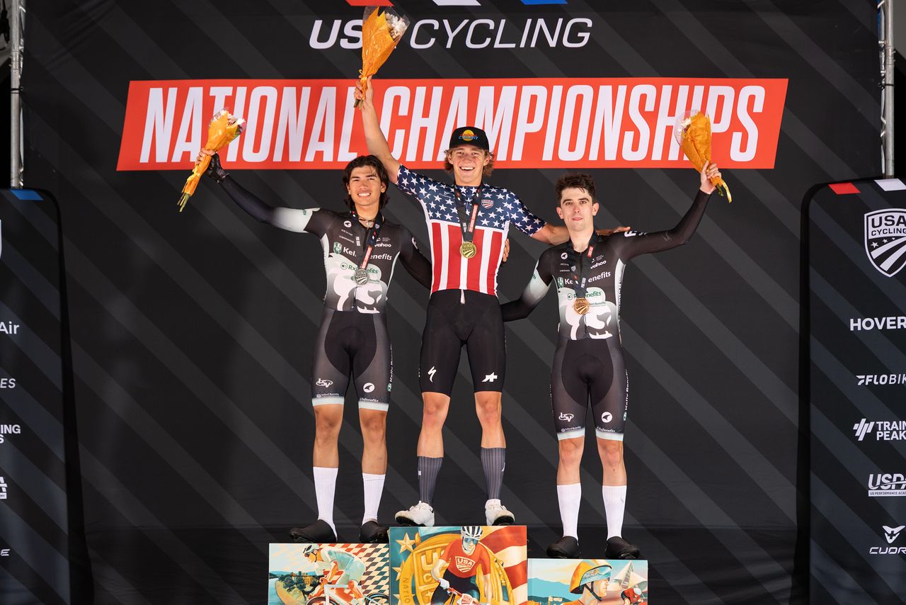 Luke Fetzer atop the podium of the men's U23 criterium race at USA Pro Road Championships 2025