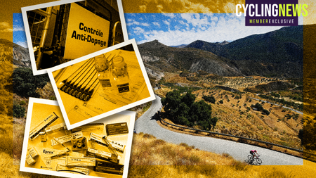 Images related to anti-doping measures on the left, with the high altitude training roads of Sierra Nevada in the background