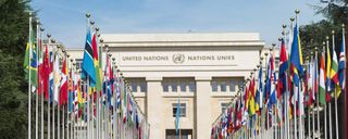 The main UN building with flags of several countries on display