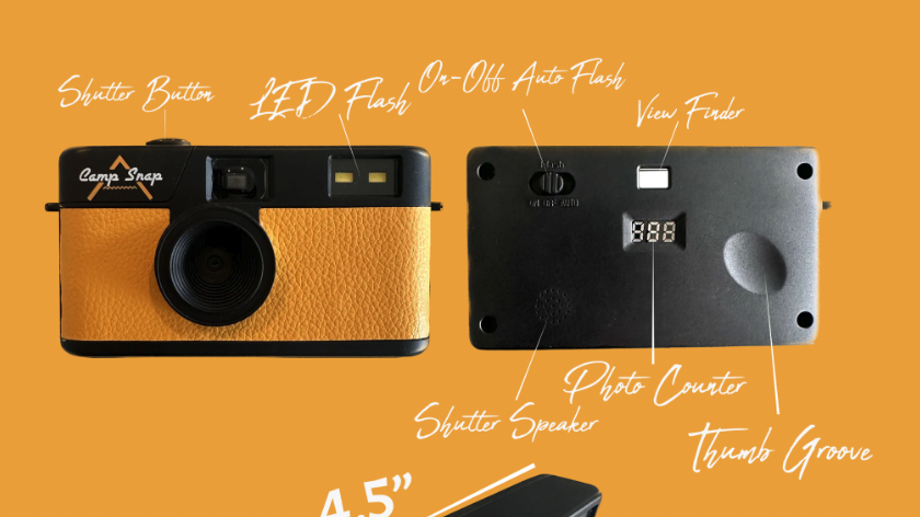 Camp Snap camera on yellow background, yellow version, with the various camera features drawn out