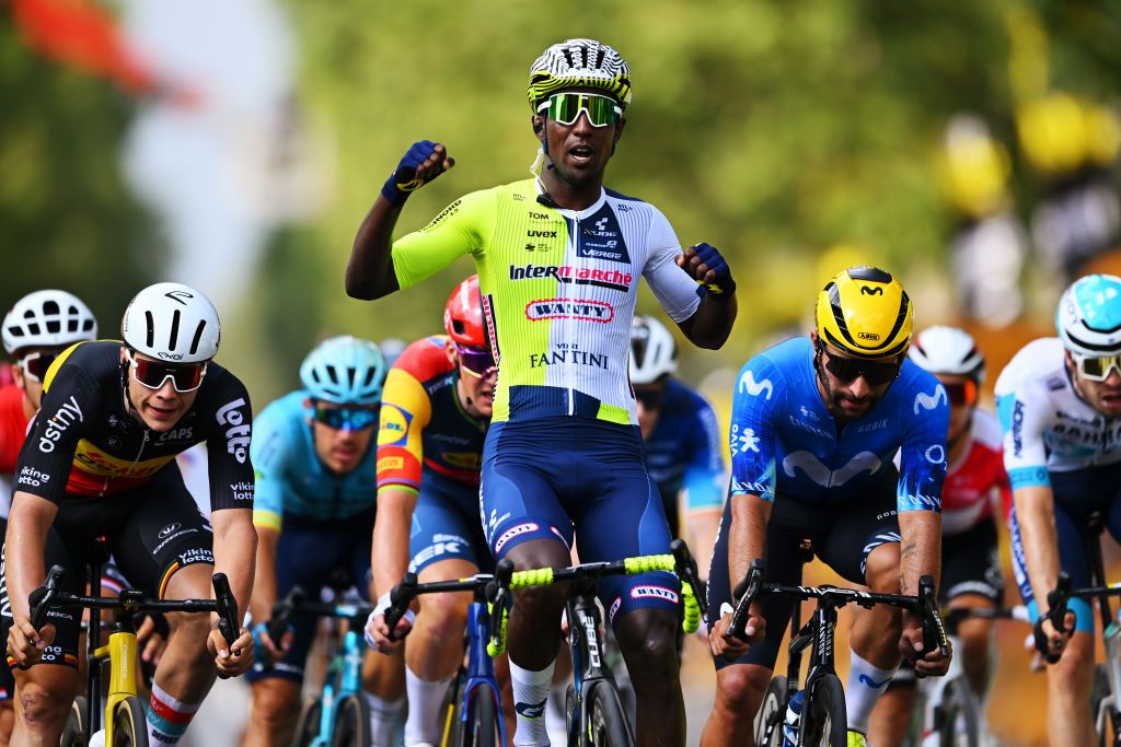 TORINO ITALY JULY 01 Biniam Girmay of Eritrea and Team Intermarche Wanty celebrates at finish line as stage winner ahead of Fernando Gaviria of Colombia and Movistar Team and Arnaud De Lie of Belgium and Team Lotto Dstny during the 111th Tour de France 2024 Stage 3 a 2308km stage from Piacenza to Torino UCIWT on July 01 2024 in Torino Italy Photo by Dario BelingheriGetty Images