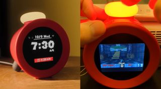 Promo image of Alarmo alarm clock next to screenshot of it running Doom.