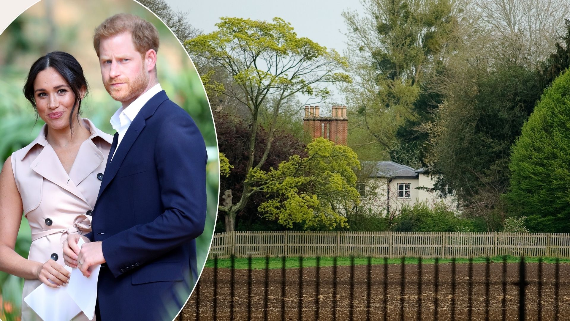 A comp image of Prince Harry and Meghan Markle with a view of Frogmore Cottage 