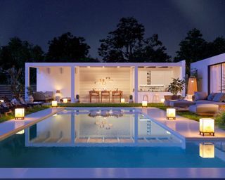 pool with modern lanterns and pergola