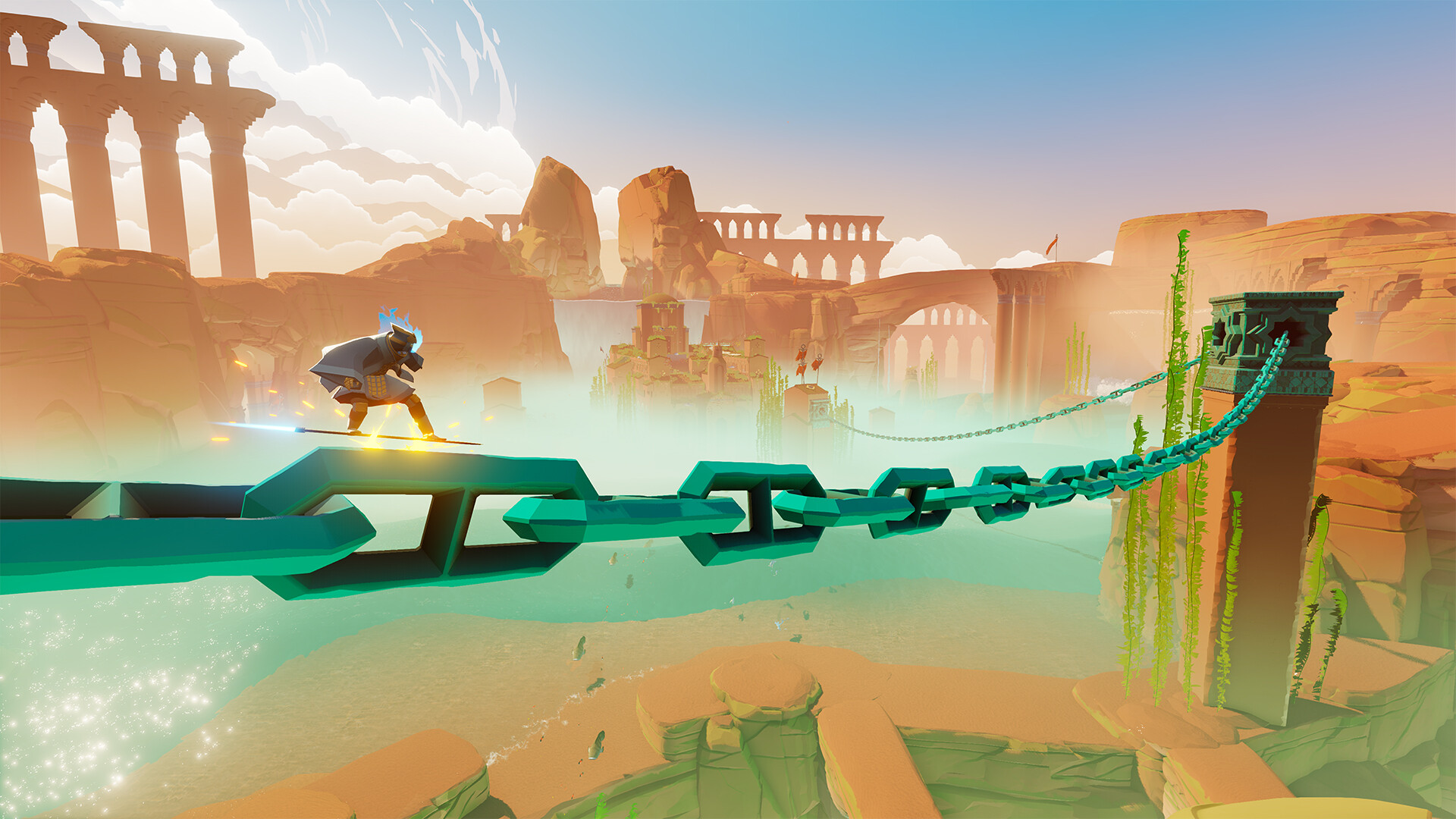 Sword of the Sea screenshot showing the main character surfing on a sword over a giant chain suspended over ruins