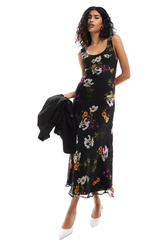 Asos Design Chiffon Scoop Neck Midi Slip Dress in Black Floral Print