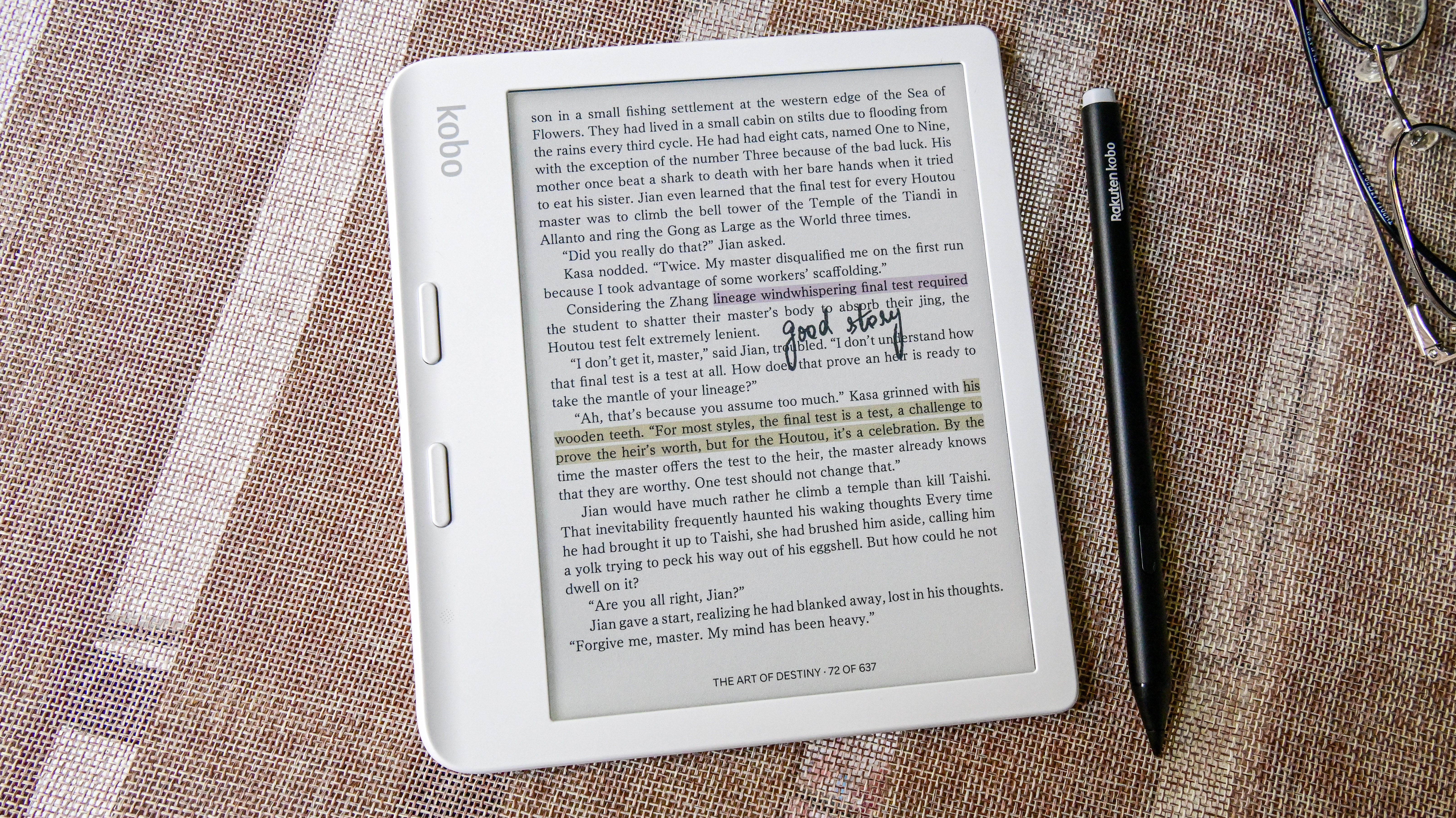 Highlights and handwritten annotations on the Kobo Libra Colour ereader