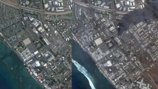 Image of the Hawaiian town of Lahaina taken by Earth-observation satellites of U.S. company Maxar Technologies before and after the devastating wildfires of August 2023.