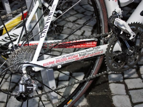 Omega Pharma-Lotto's bikes were specially painted with a number of key spring races, locations and cobble sections.