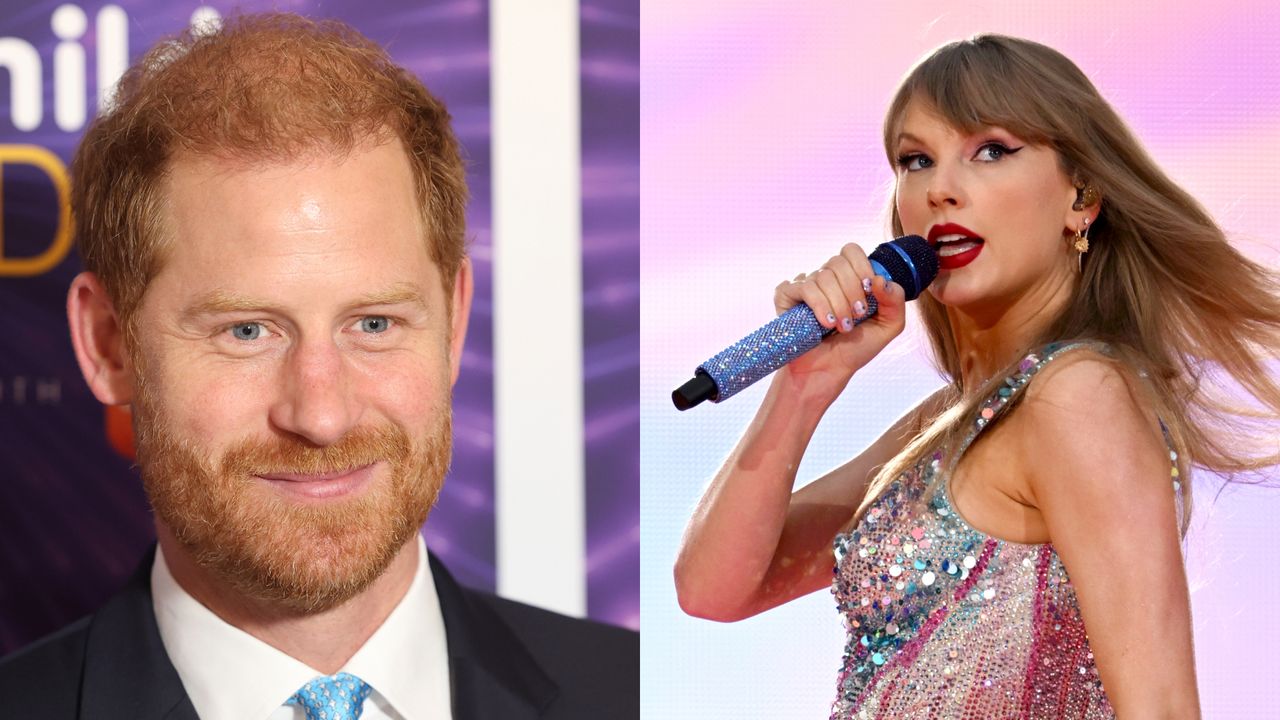 A split of Prince Harry wearing a suit and tie smiling against a purple background on the left and Taylor Swift wearing a sequined bodysuit and singing into a blue crystal microphone on the right