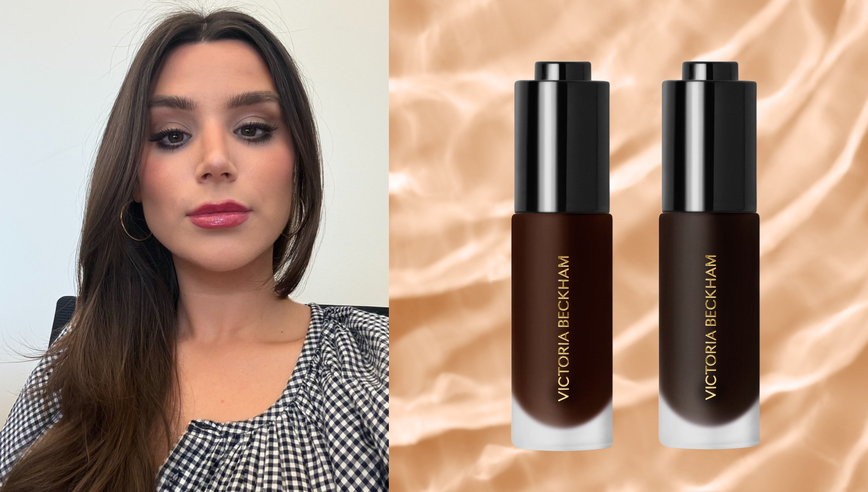 victoria beckham bronzer on a gold background next to a brunette woman in a black and white shirt