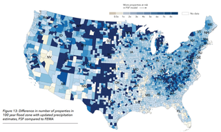 A map of the U.S. where dark blue areas show greater flood risk according to First Street versus FEMA estimated flood risk.