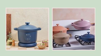 our place kitchen items including the always pan and pressure cooker on a light green background