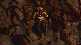 The Dark Urge lies among dead bodies in Baldur's Gate 3