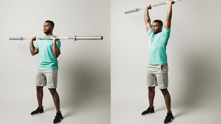 Man demonstrates two positions of the overhead press using an empty Olympic barbell