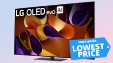 The LG G4 OLED TV displaying colorful, abstract shapes next to a Tom's Guide branded tag that reads: "Lowest Price"