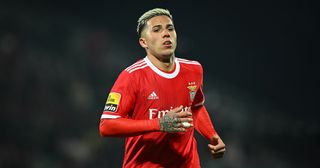 Chelsea target Enzo Fernandez in action during the Liga Portugal Bwin match between Pacos de Ferreira and SL Benfica at Estadio Capital do Movel on February 26, 2023 in Pacos de Ferreira, Portugal.