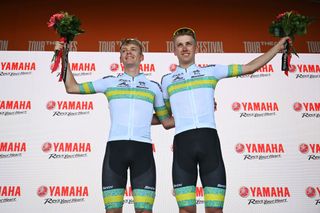 GUMERACHA AUSTRALIA JANUARY 21 LR Zac Marriage of Australia and Fergus Browning of Australia and ARA Australian Cycling Team celebrate at podium during the 25th Santos Tour Down Under 2025 Stage 1 a 1507km stage from Prospect to Gumeracha 342m UCIWT on January 21 2025 in Gumeracha Australia Photo by Dario BelingheriGetty Images