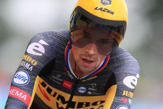 Team Jumbo Vismas Primoz Roglic of Slovenia crosses the finish line of the 5th stage of the 108th edition of the Tour de France cycling race a 27 km time trial between Change and Laval on June 30 2021 Photo by Christophe Petit Tesson various sources AFP Photo by CHRISTOPHE PETIT TESSONAFP via Getty Images