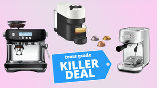 Breville and Nespresso coffee machines on pink gradient background with tom's guide deal badge