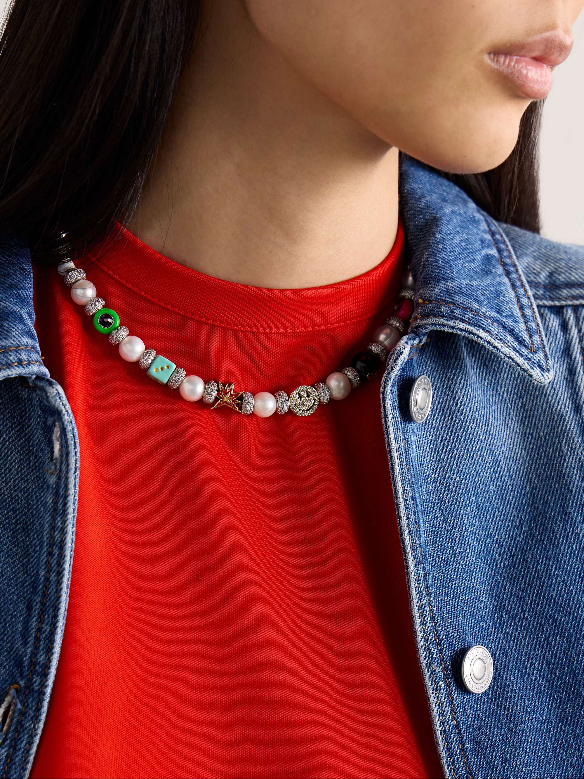 Silver and Gold-Plated, Pearl, Enamel and Crystal Necklace