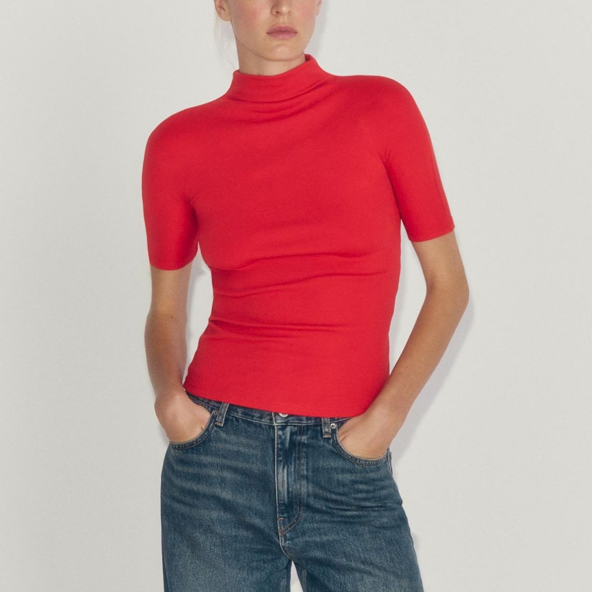 zara red mock neck top