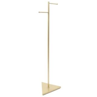 A gold coat rack with a triangular base